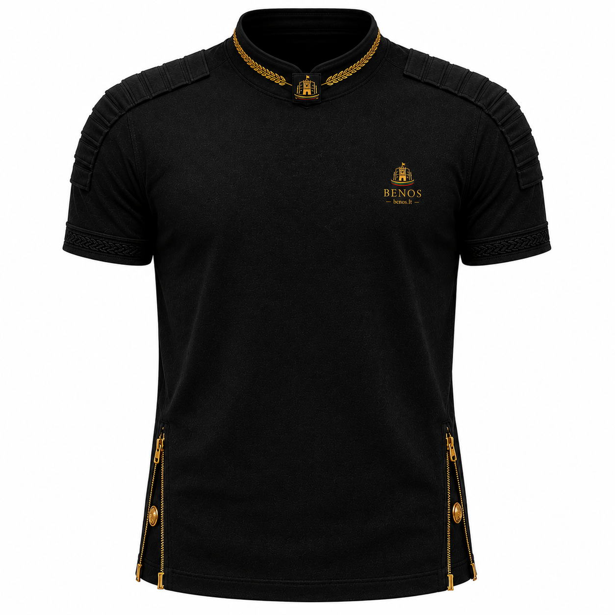 Vue de face du T-shirt BENOS Sovereign Signature en noir avec col chaîne dorée et détail matelassé aux épaules