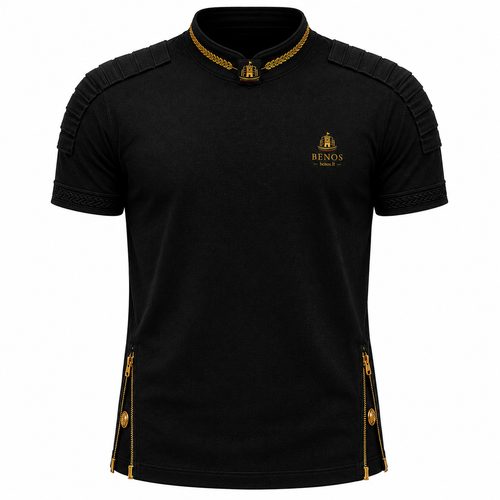Front view of the BENOS Sovereign Signature T-Shirt in black with gold chain collar and quilted shoulder detail