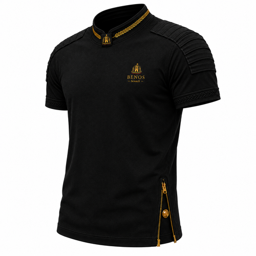 Three-quarter front view of the BENOS Sovereign Signature T-Shirt in black showing the embroidered chest logo