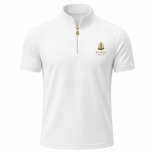 Close-up front view of the BENOS Sovereign Signature T-Shirt GEN 2 in white showing the gold quarter-zip and BENOS Citadel zipper pull