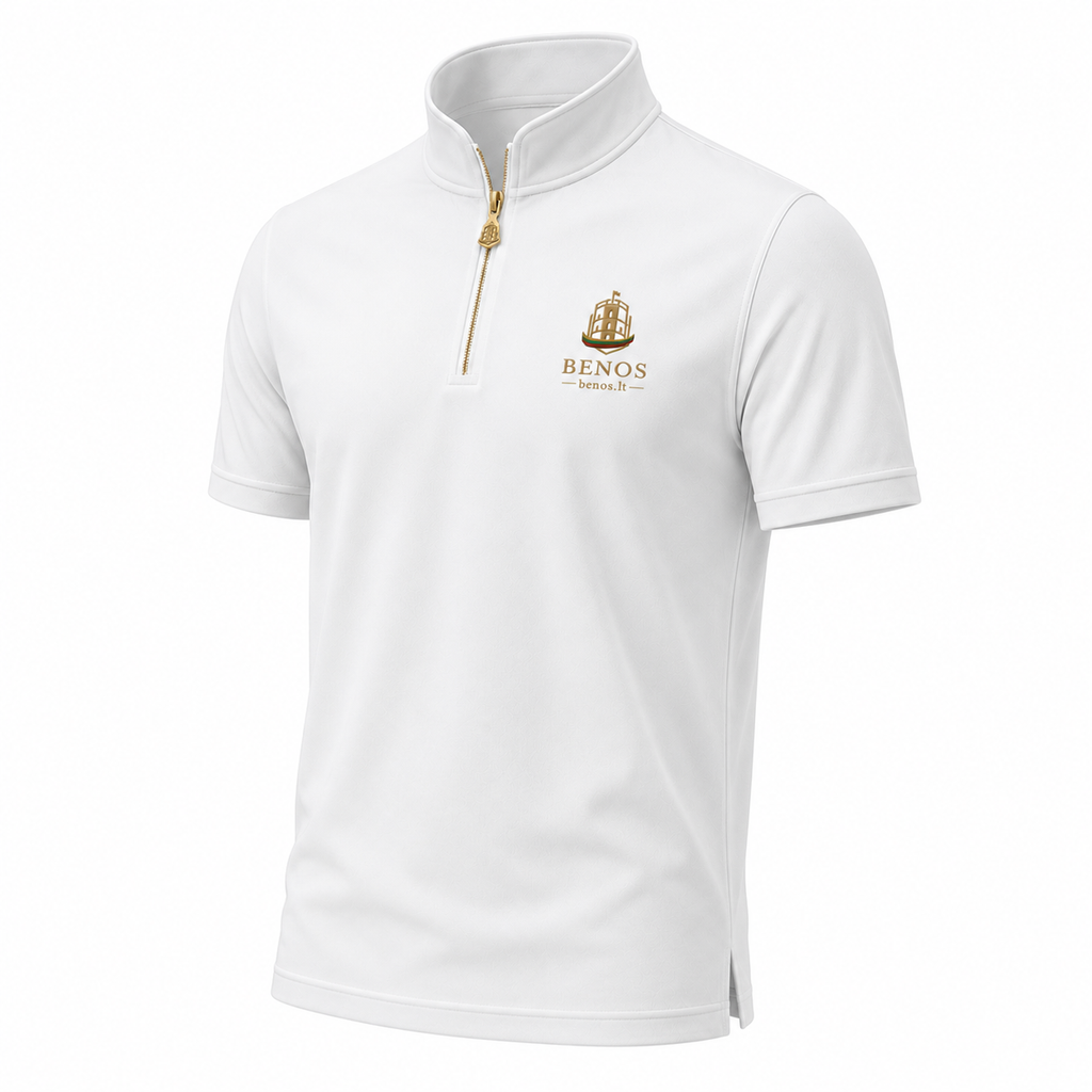 Three-quarter front view of the BENOS Sovereign Signature T-Shirt GEN 2 in white with the gold quarter-zip collar
