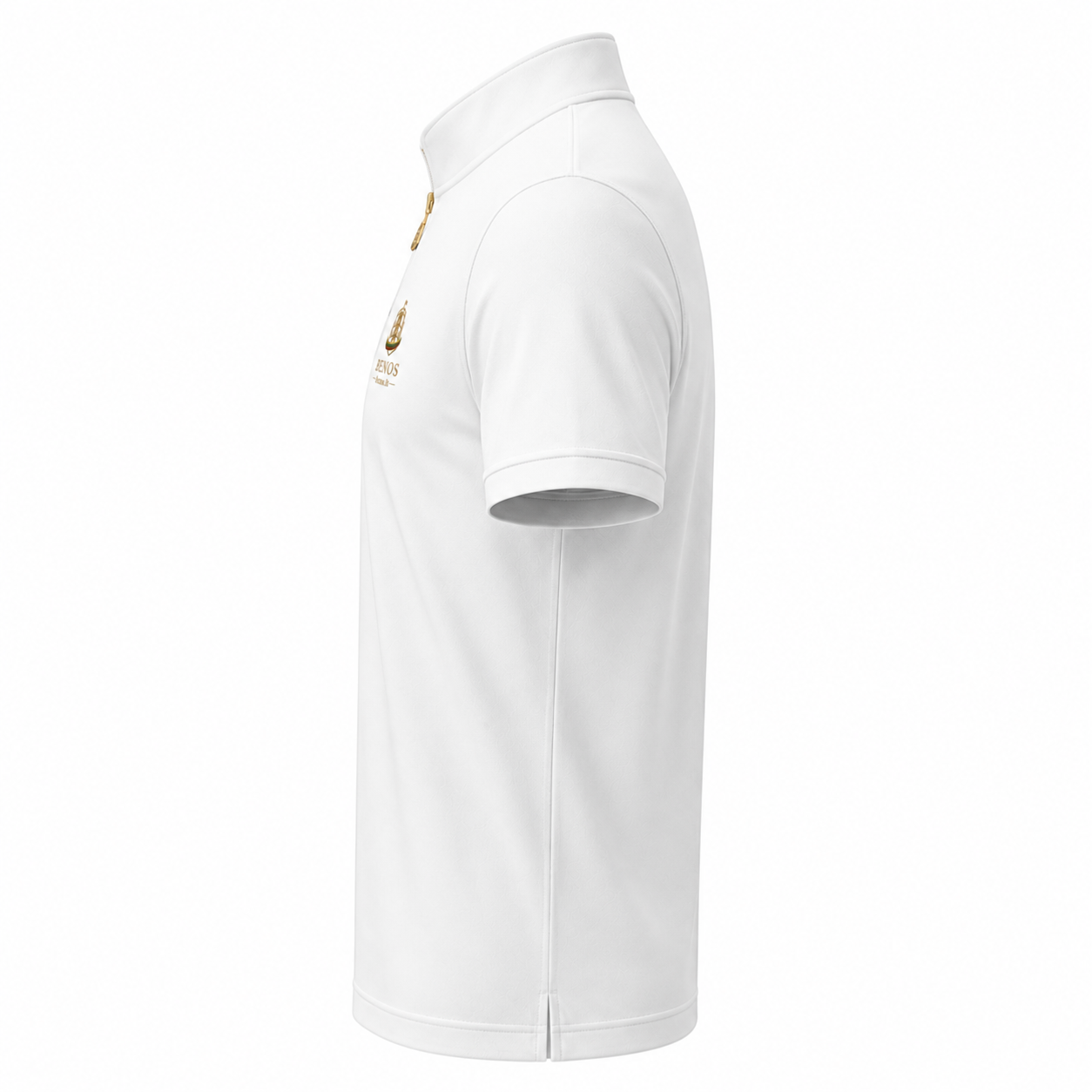Side profile view of the BENOS Sovereign Signature T-Shirt GEN 2 in white showing the quarter-zip collar and embroidered logo