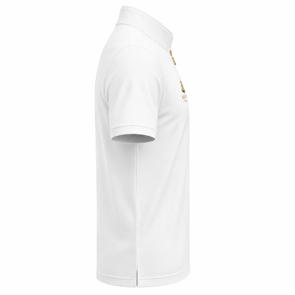 Side profile view of the BENOS Sovereign Signature T-Shirt GEN 2 in white highlighting the raglan sleeve and side vent