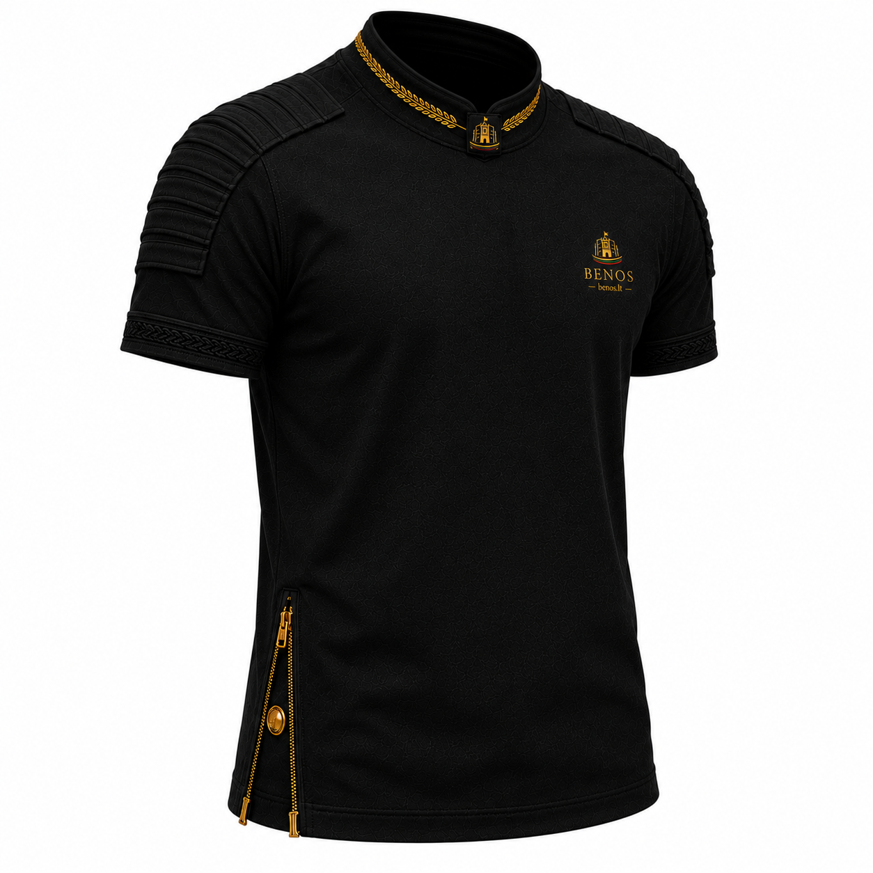 Dreiviertel-Vorderansicht des BENOS Sovereign Signature T-Shirts in Schwarz von der anderen Seite