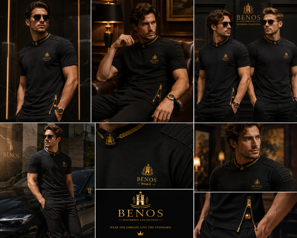 Collage von Lifestyle-Fotos eines Models im schwarzen BENOS Sovereign Signature T-Shirt