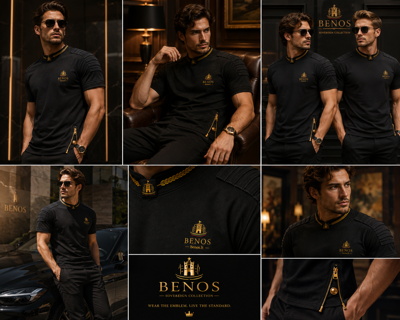Collage von Lifestyle-Fotos eines Models im schwarzen BENOS Sovereign Signature T-Shirt
