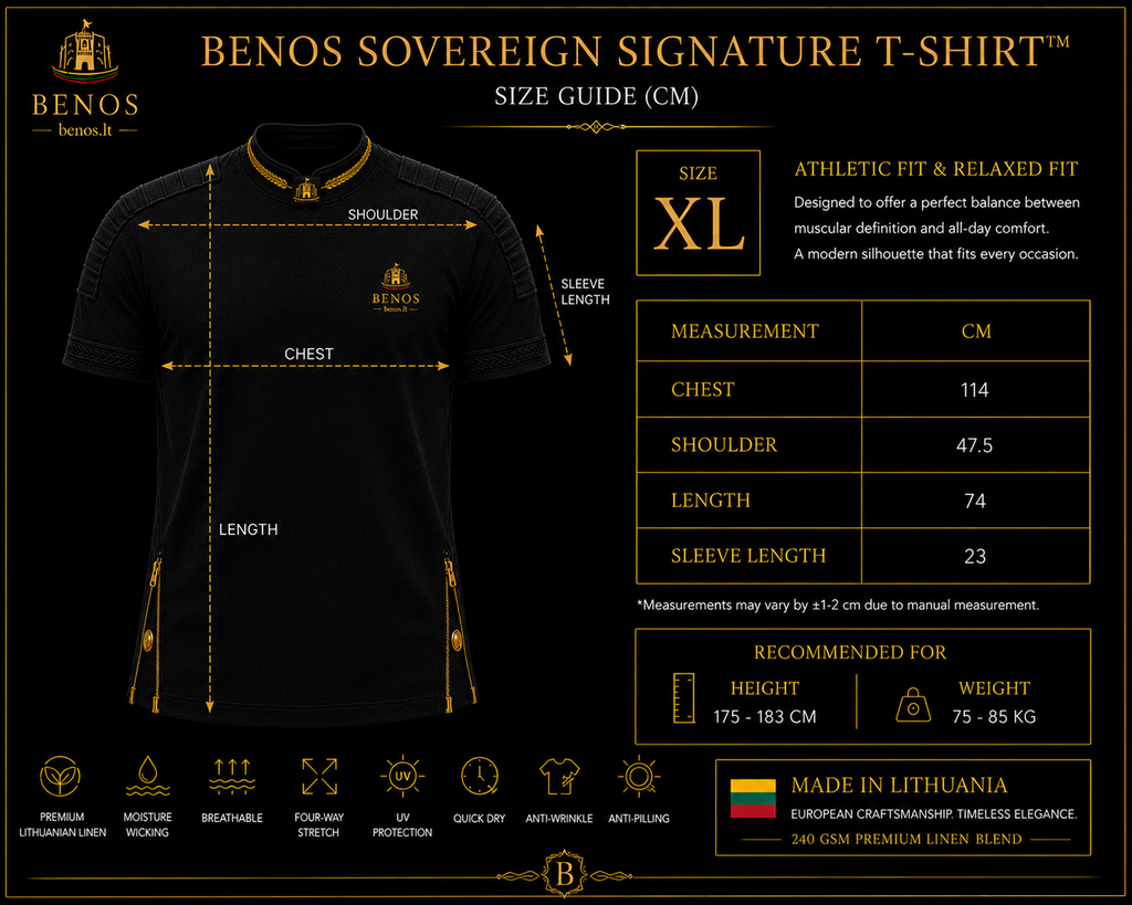 Größentabelle für das BENOS Sovereign Signature T-Shirt, Athletic Fit, Maße für Größe XL