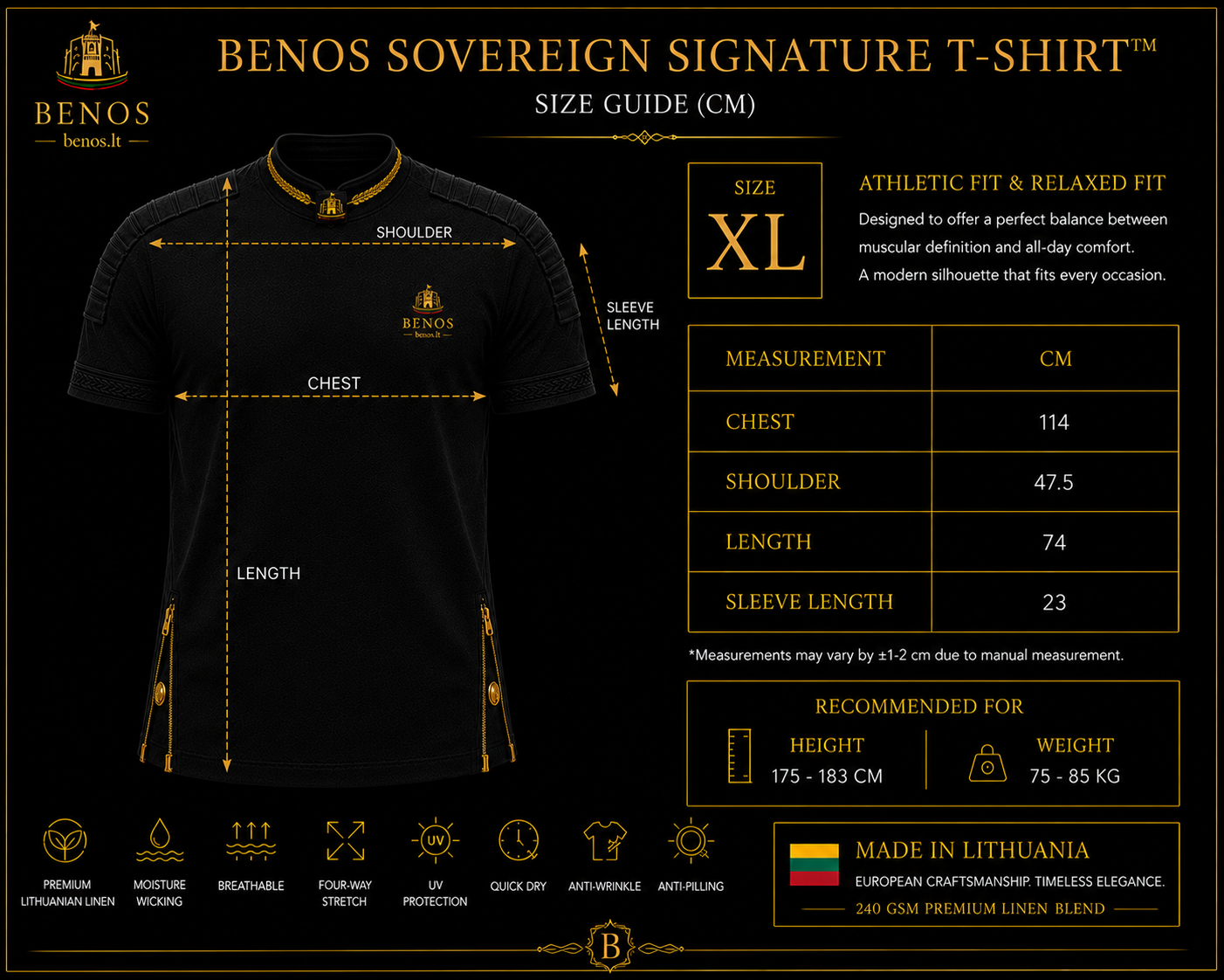 Größentabelle für das BENOS Sovereign Signature T-Shirt, Athletic Fit, Maße für Größe XL