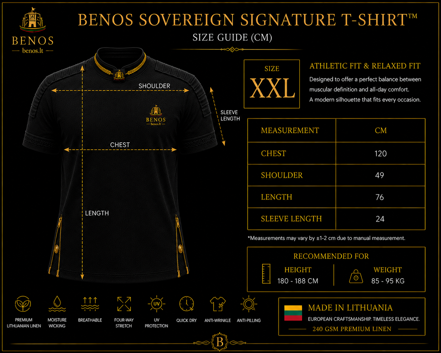 Größentabelle für das BENOS Sovereign Signature T-Shirt, Athletic Fit, Maße für Größe XXL