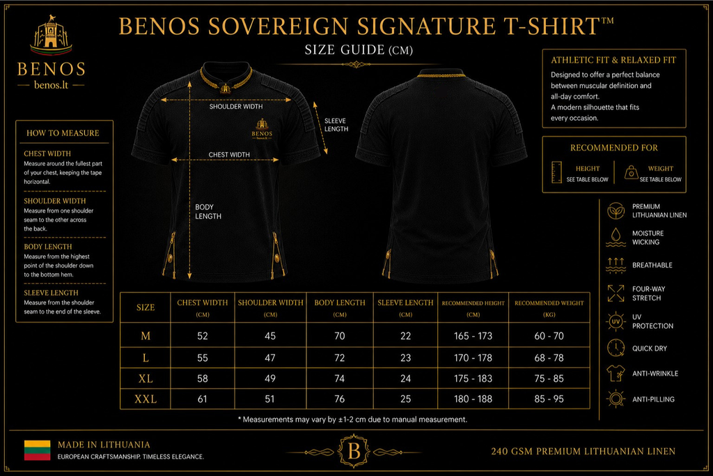Vollständige Größentabelle für das BENOS Sovereign Signature T-Shirt im Vergleich aller Größen und Passformen