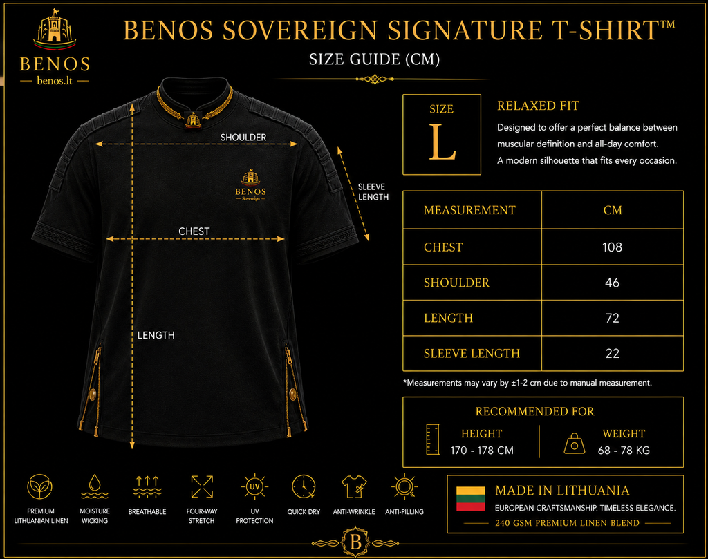 Größentabelle für das BENOS Sovereign Signature T-Shirt, Relaxed Fit, Maße für Größe L