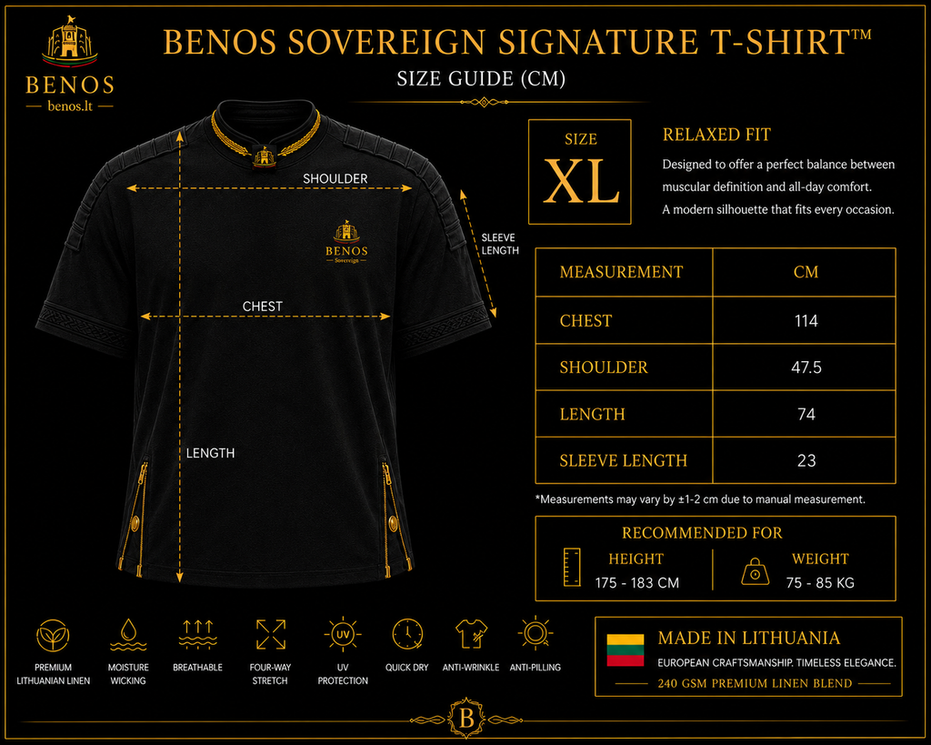 Größentabelle für das BENOS Sovereign Signature T-Shirt, Relaxed Fit, Maße für Größe XL