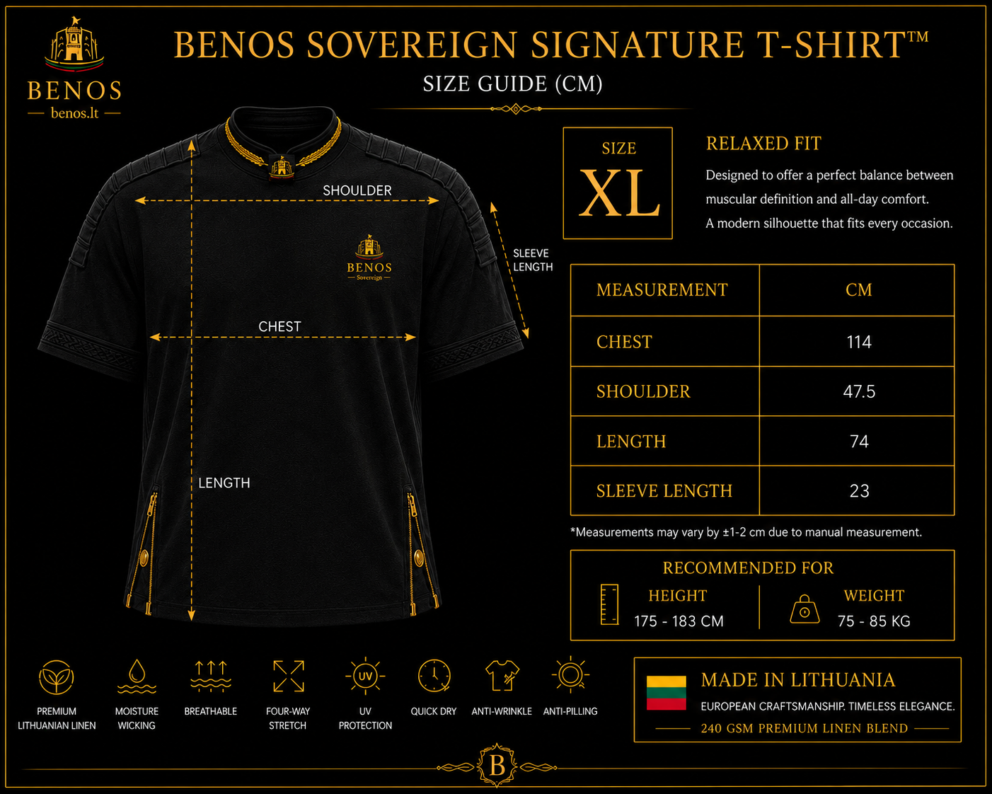 Größentabelle für das BENOS Sovereign Signature T-Shirt, Relaxed Fit, Maße für Größe XL