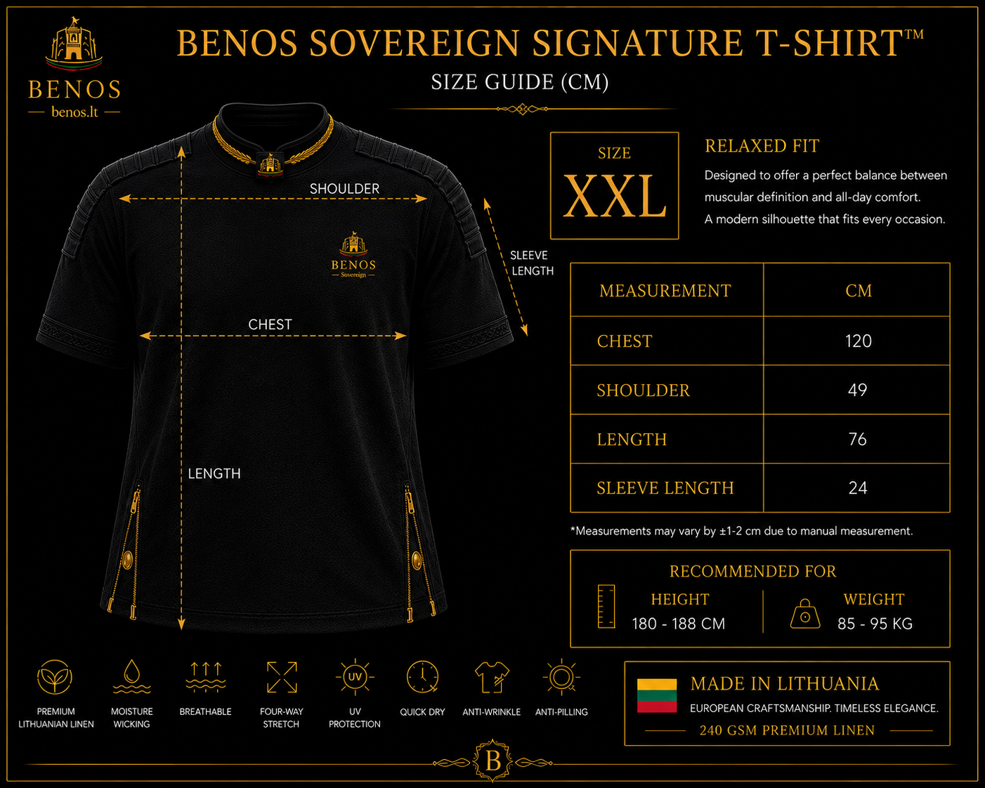 Größentabelle für das BENOS Sovereign Signature T-Shirt, Relaxed Fit, Maße für Größe XXL