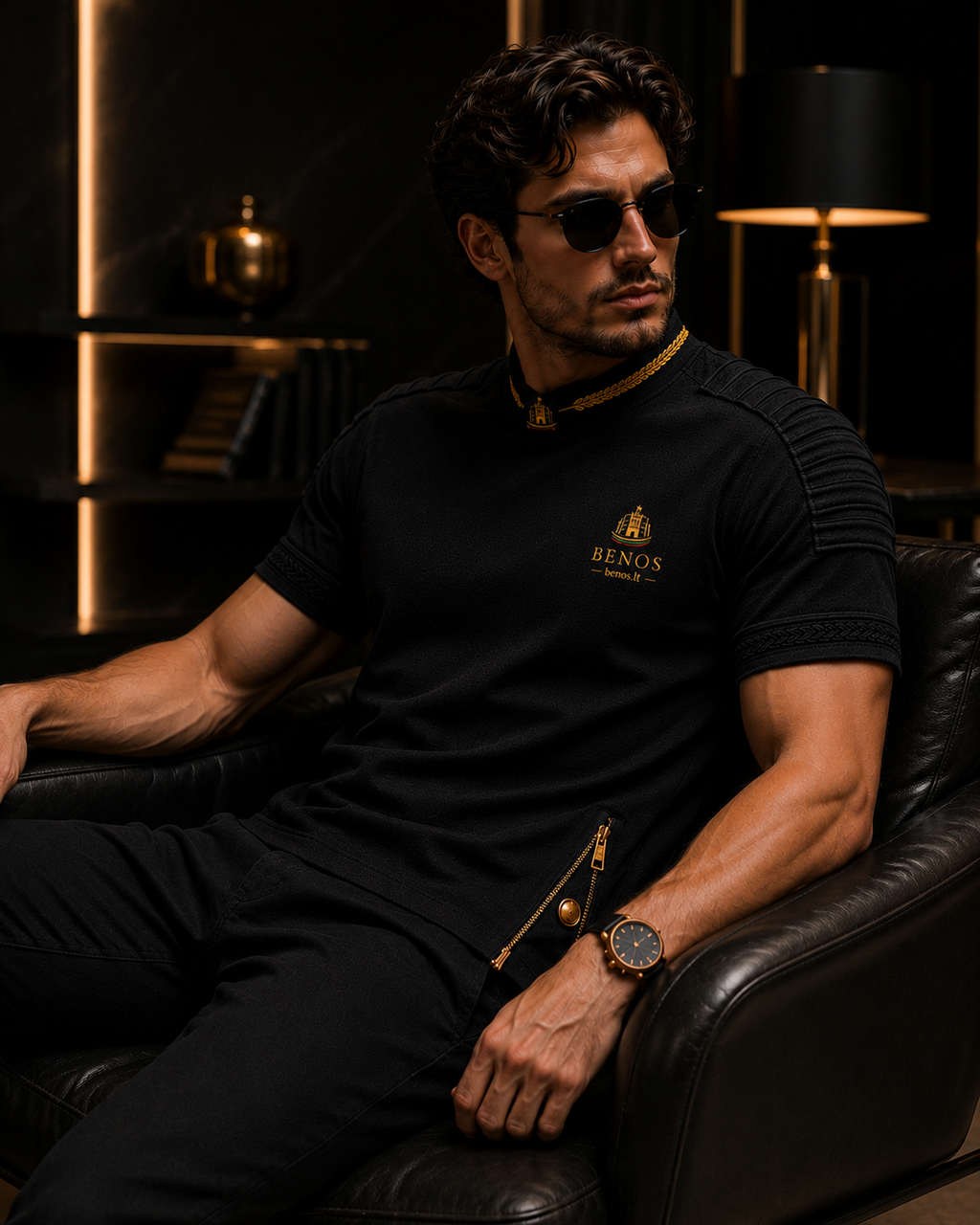 Lifestyle-Foto eines sitzenden Models im schwarzen BENOS Sovereign Signature T-Shirt, anderer Blickwinkel