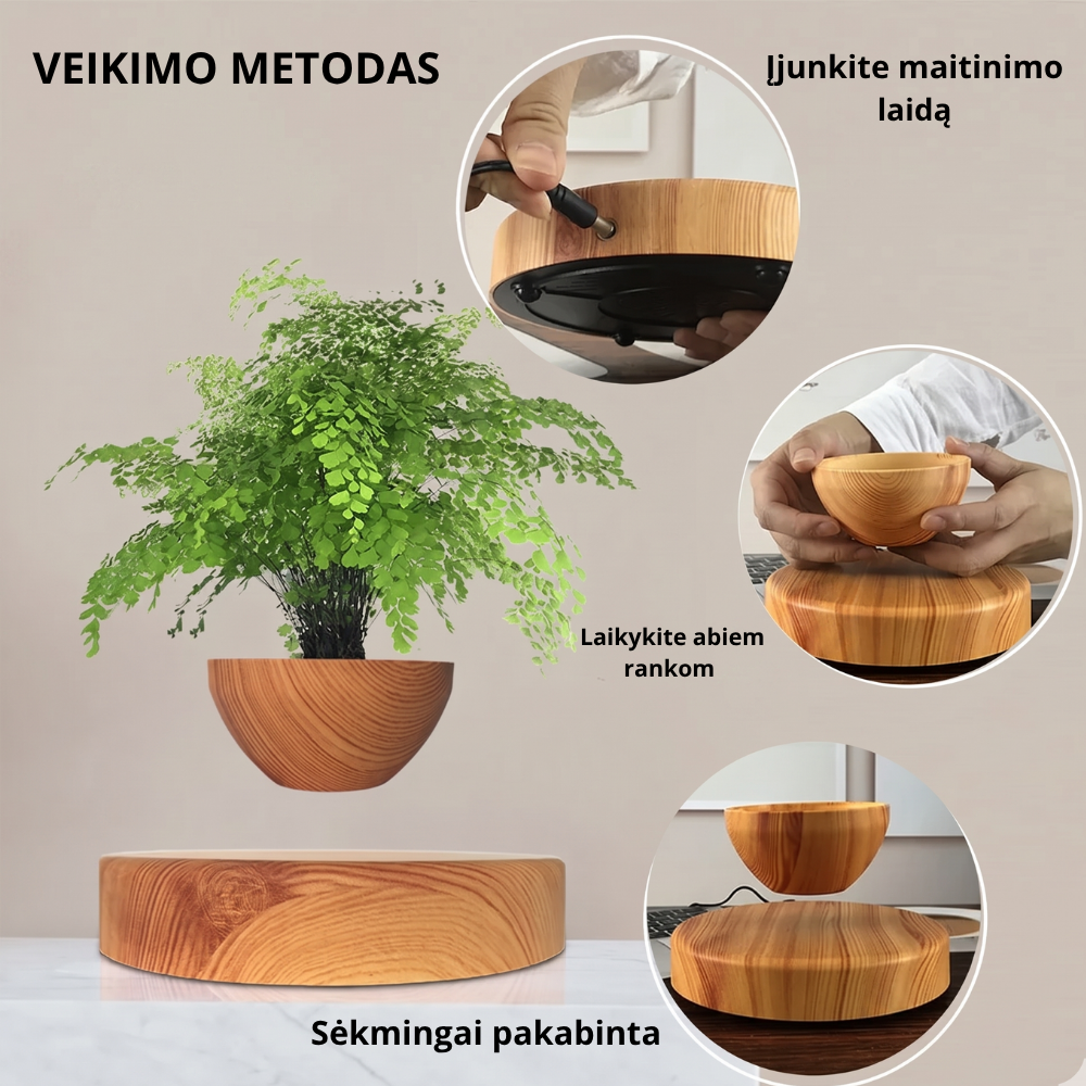 Magnetinis levituojantis augalų vazonas – plaukiojantis besisukantis vazonas