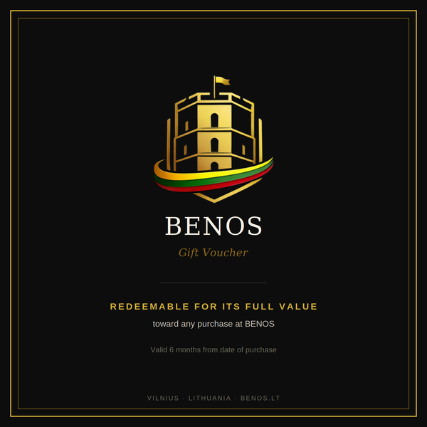 BENOS Gift Voucher card featuring the gold BENOS Citadel crest, redeemable for its full value toward any purchase at BENOS